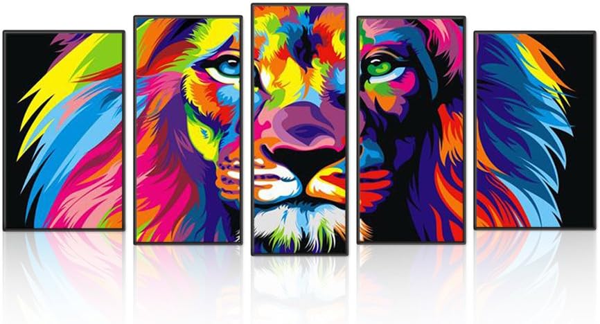 Chenxi Global 5 Pcs Framed Melamine Foam Sponge Board Canvas Material Oil Painting Lion Pattern Wall Art Prints for Living Room Home Decoration (12x16inchx2pcs+12x20inchx2pcs+12x28inchx1pcs)