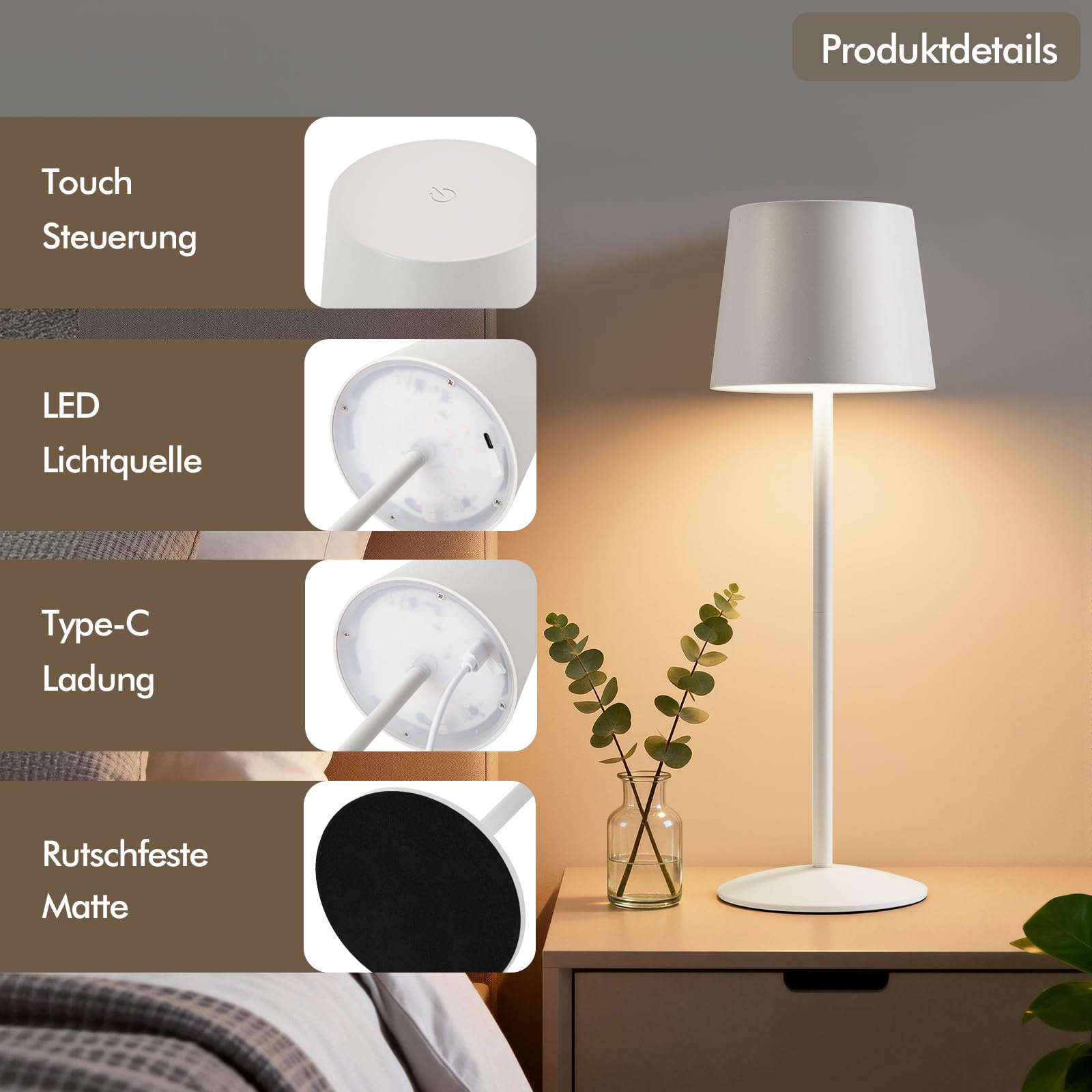 GyroVu Kabellose 2 Stück LED Tischlampe Weiß, Höhenverstellbar Touch Lampe Dimmbar Stufenlos, Wiederaufladbar Akku Tischleuchte mit USB-C, IP44 Wasserdicht, Für Camping Esstisch Wohnzimmer Nachttisch