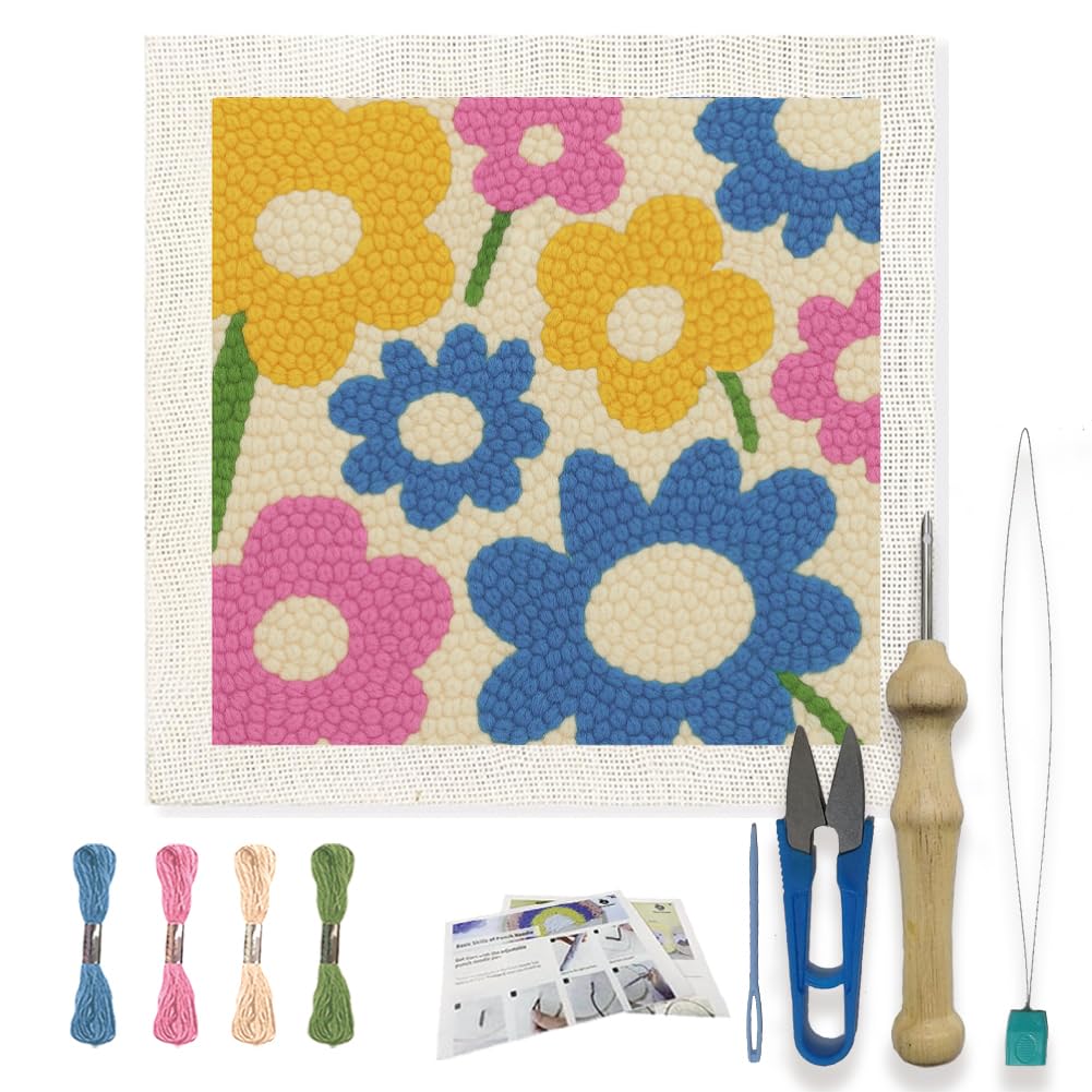 FREEBLOSS Punch Needle Kits Starter Embroidery Set Punch Needle Rug Kit with English Instructions for Adults Beginners Craft Lovers with Printed Flowers Pattern 24x24cm/9.4x9.4inch