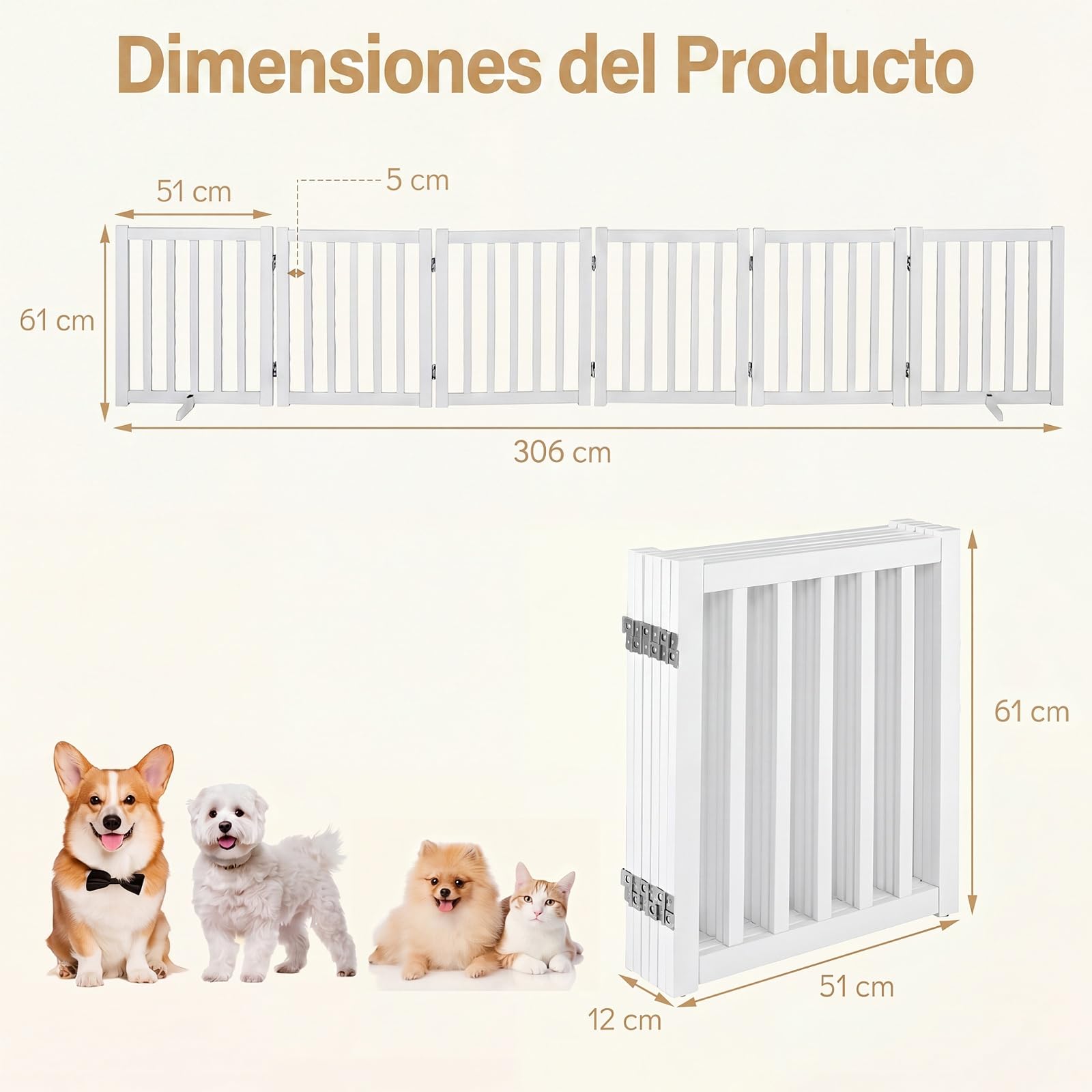 GYMAX Puerta para Perros de 6 Paneles, Valla Interior Plegable de Madera de Caucho con Patas de Apoyo, Barrera de Seguridad Portátil para Escaleras y Pasillos, Blanco