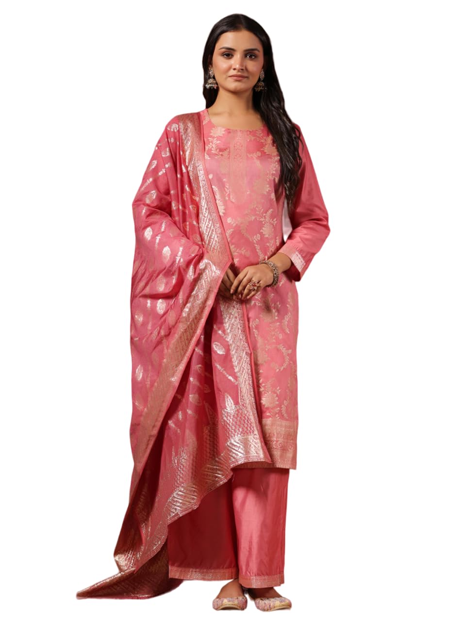 Ishin Women's Poly Silk Ethnic Motifs Pink Straight Kurta Suit Set With Trousers & Dupatta
