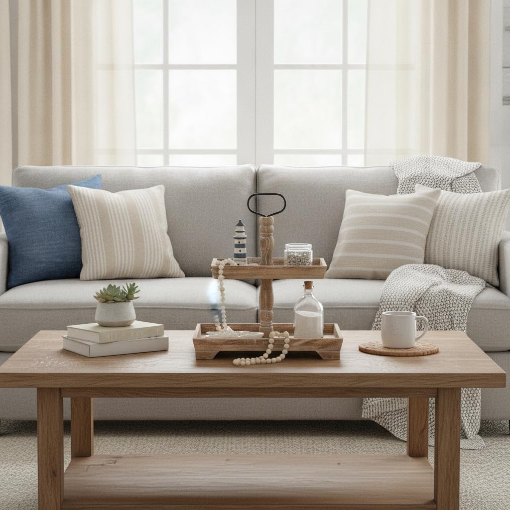 Hanobe Deko Tablett Etagere Holz: Braun Holztablett Groß Rechteckig mit 2 Ebenen Bauernhaus Dekotablett Vintage Shabby serviertabletts für Home Kaffeeecke Duschraum