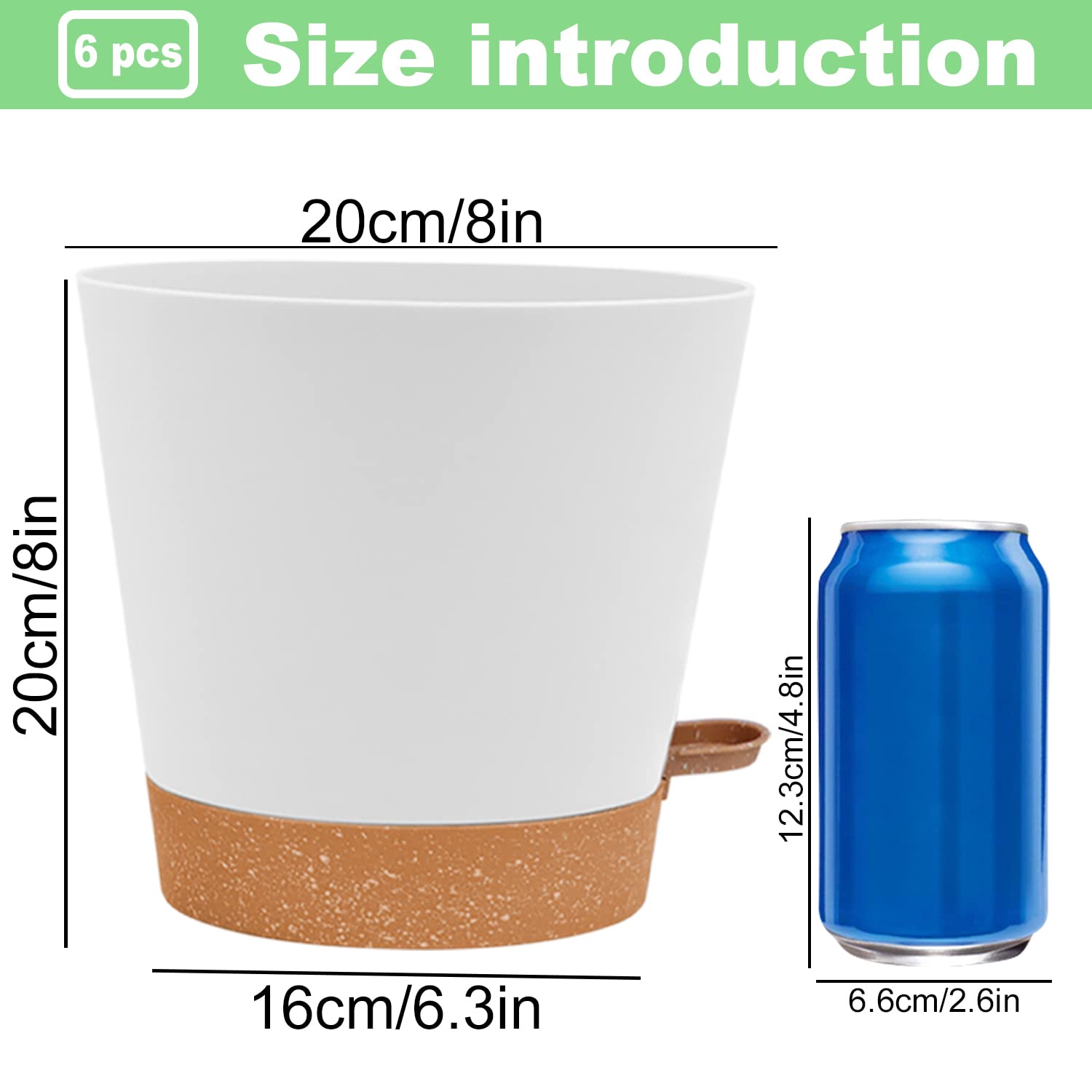 Vaso per piante in plastica con sistema di irrigazione, set di 6 fioriere autoirriganti con piattino, rotondo per piante da giardino da interni e balconi (20,3 cm bianco)