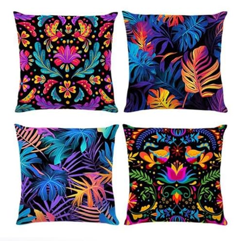 BAOKU Mexican Flower Bird 18x18 Inch Cushion Covers, Cushion Case Outdoor Sofa Throw Pillows Cover Garden Pillow Covers for Couch Living Room Bed Indoors Home Decor Set of 4 blue