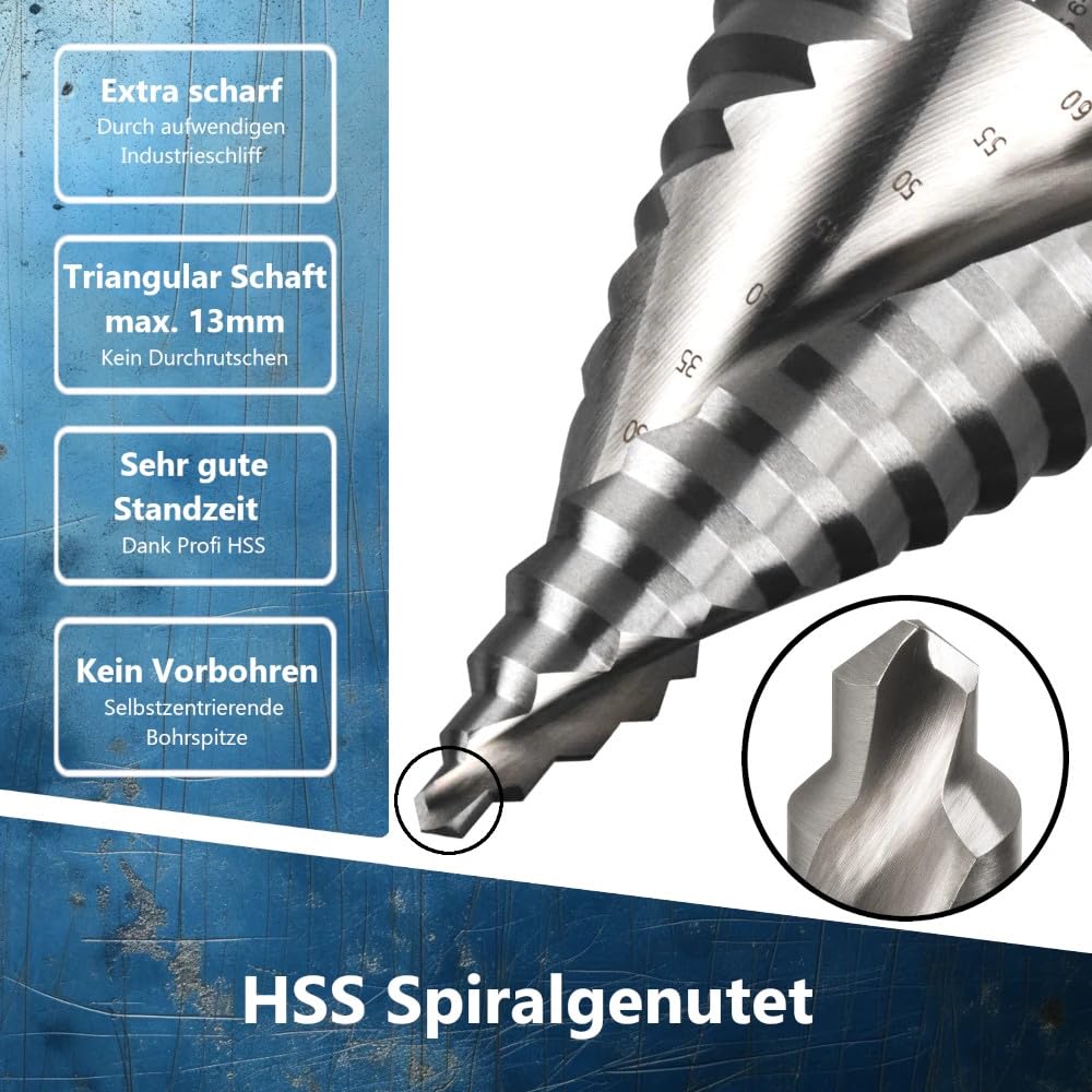 Brocas escalonadas HSS 6-60mm PROFESIONAL | Taladro para acero inoxidable, metal, madera, plástico | Broca de corte | Broca de corte para chapa | Broca cónica Ø6-60 HSS