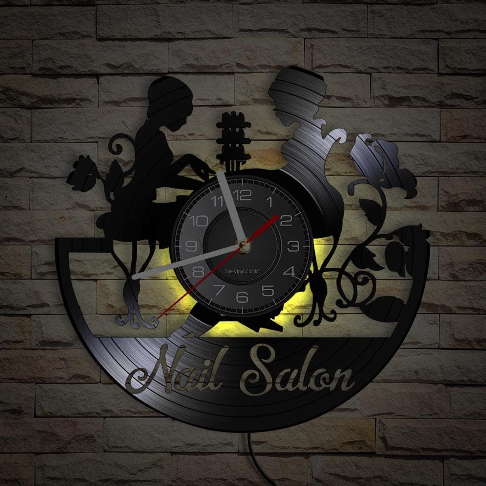12 Inches Nail Salon Window Sign LED Vinyl Record Wall Clock with 7 Colors Changing, Decorative Art Modern Hanging Night Light Wall Clock Polish Manicure Pedicure Business Salon Wall Watch