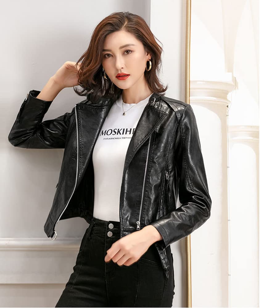 Huixin Moda damska Slim Fit kurtka z imitacji skóry, lekka, ze stójką, dla motocyklistów, krótka skórzana kurtka z zamkiem błyskawicznym pod kątem, Czarny, XXL
