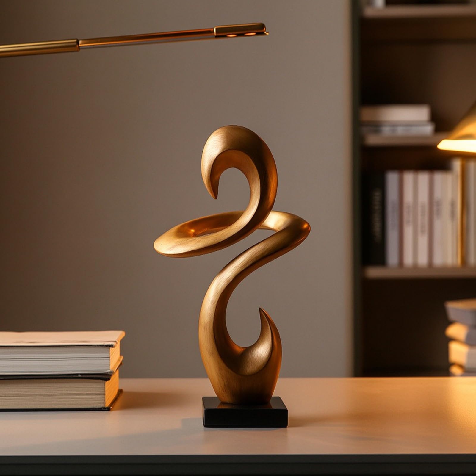 Colcolo Scultura D Resina Ornamento Astratto Moderno Doppia Curva Statuetta da Tavolo con Base Quadrata Stabile Superficie Curva Liscia Rivestimento Dorato Adatta per Soggiorno Libreria Ufficio