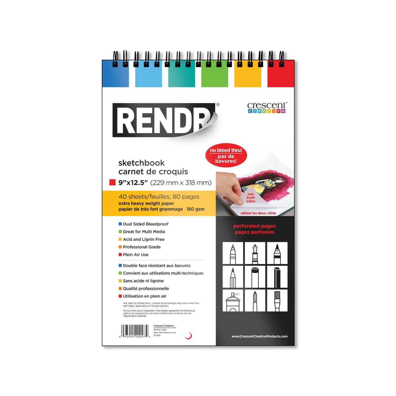 RENDR No Show Thru Pages perforées à spirales pour artiste, 22,9 x 31,8 cm, sans bavure, sans acide et sans lignine, 80 pages, tous supports, 180 g/m²