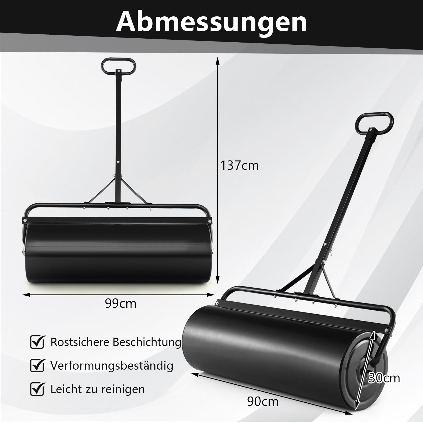 RELAX4LIFE 63L Bodenwalze, Ø 30 cm Gartenwalze Metall, Rasenwalze mit U-förmigem Griff, Handwalze Befüllbar mit Wasser/Sand, 3-in-1 verwendbare Rasenrolle, Füllvolumen für Boden Wiese Frost (Schwarz)