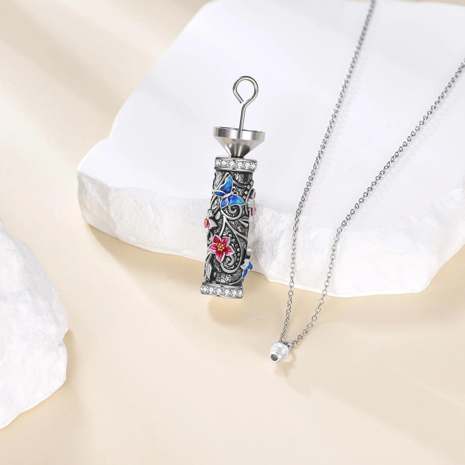 925 Sterling Silver Butterfly/Hummingbird Lily Urn Necklace for Ashes Cylinder Container Cremation Necklaces Pendant with Funnel Filler Memorial Keepsake Necklace Jewelry Gifts for Her Women