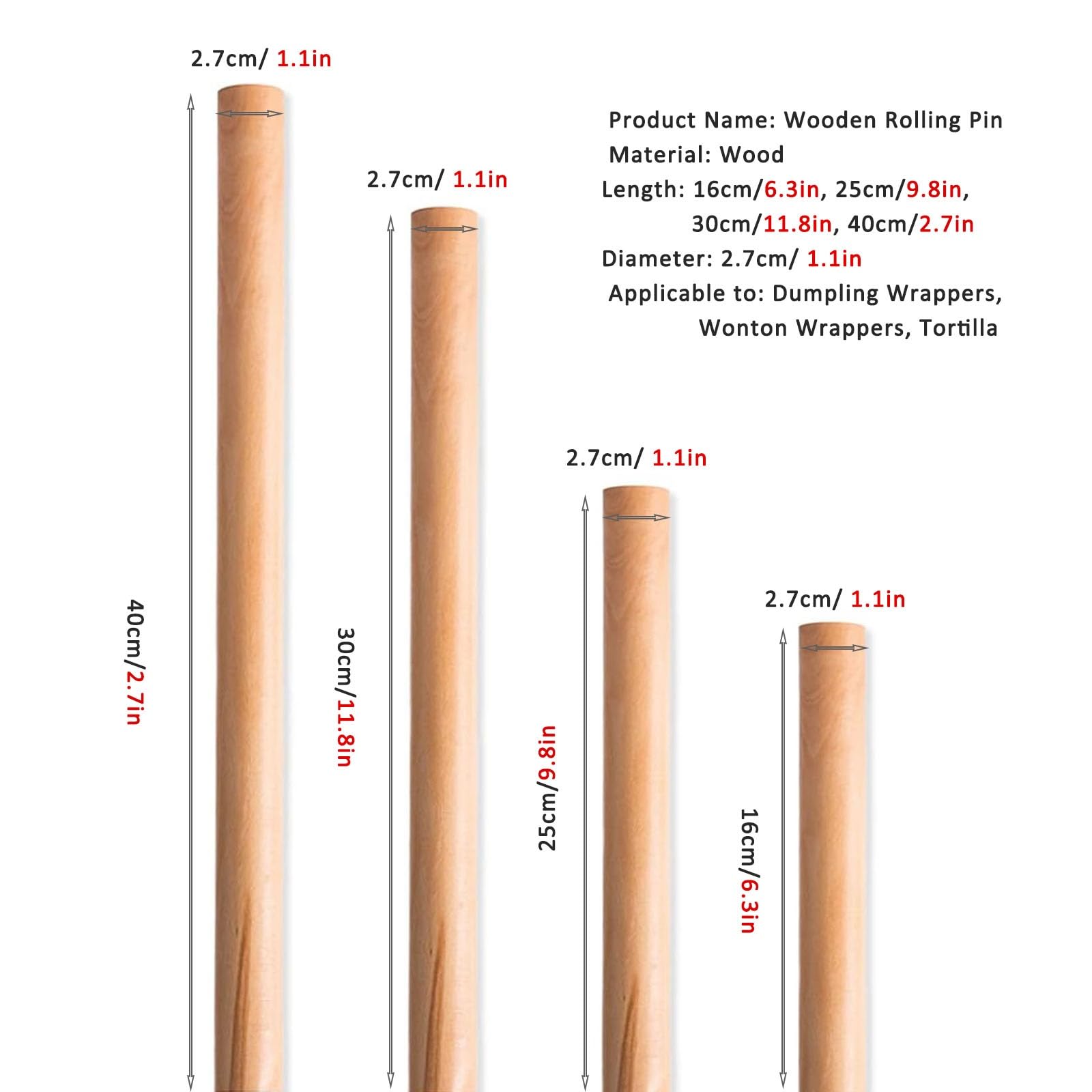 Rodillo de amasar cocina Rodillo Pequeño Para Dumpling/Wonton Wrappers, Kids Rodillo De Madera De Haya Para Hornear 16 25 30 40 Cm, Rodillos De Cocina Para Tortilla Pizza Fondant Galleta(LxD40x2.7cm/1