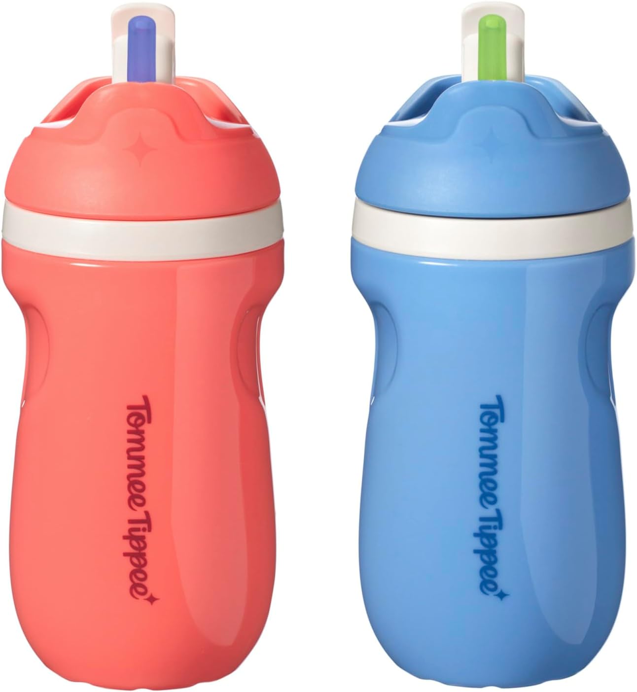 Insulated Sporty Spill-Proof 9oz Straw Training Sippy Cups for Toddlers 1-3, Sporty Carry Handle, Bite Resistant Spout, Flip Lid Keeps Straw Clean, BPA Free, Blue and Red, Pack of 2