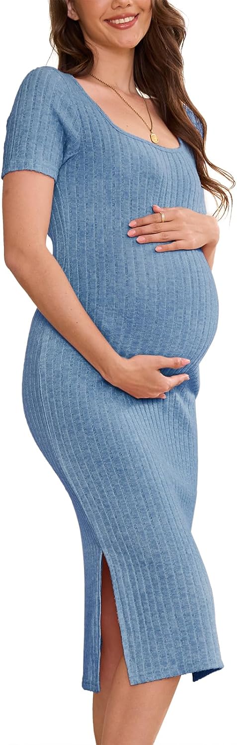 Long Sleeve Maternity Sweater Dress for Fall Winter, Knit Ribbed Maternity Bodycon Dress