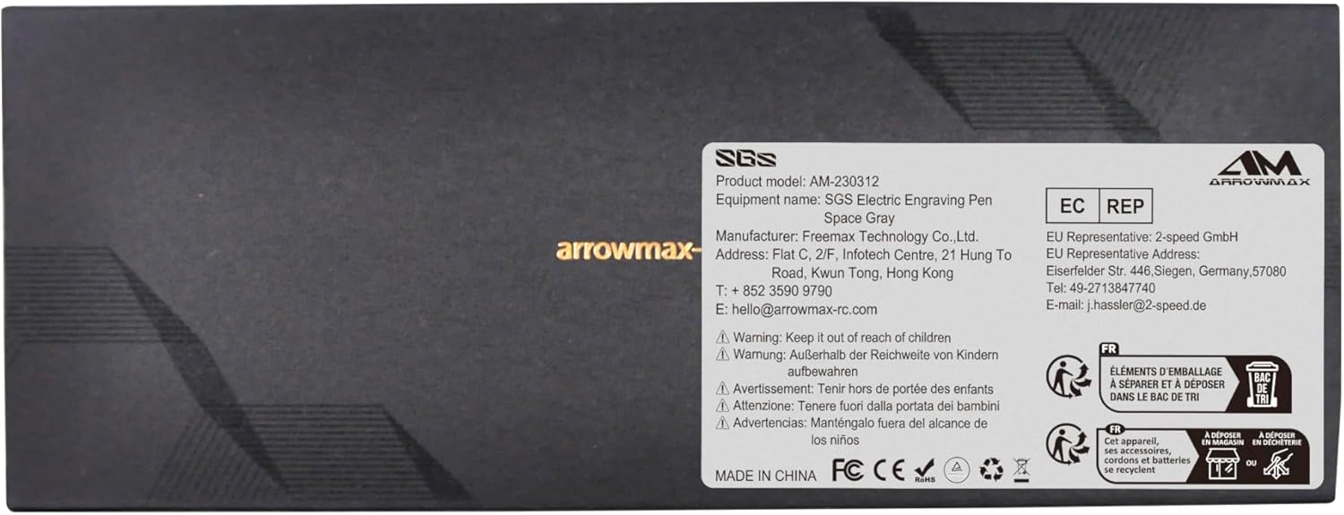 Product box showing manufacturer details, contact information, and various certifications.