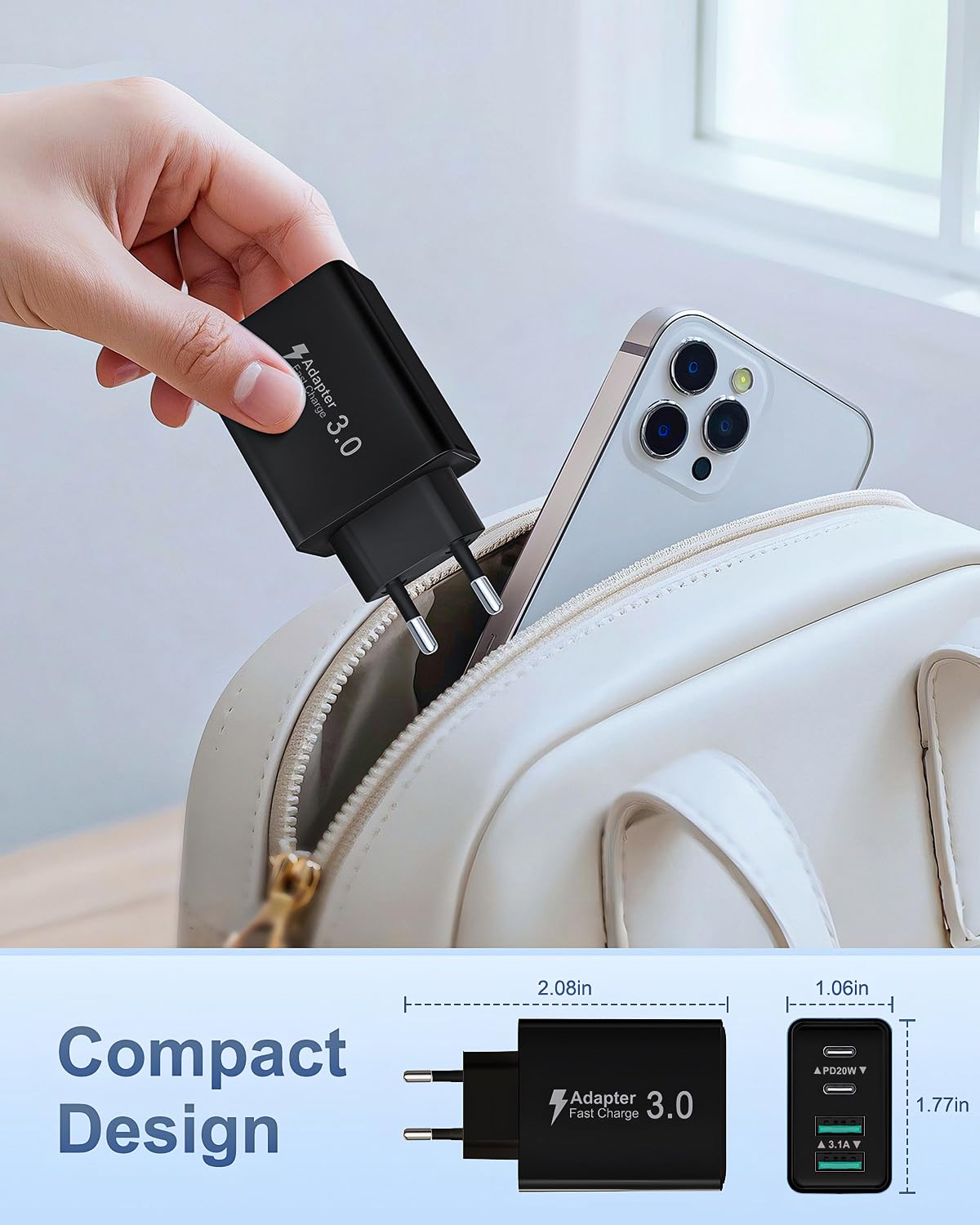 2-Pack Caricatore USB C Presa, 40W 4-Porto Multiplo USBC Caricabatterie Rapido Spina Alimentatore per iPhone 17 16 15 14 13 12 11 Pro Max,Samsung, iPad, Multipla Spinotto QC & PD Adattatore Carica