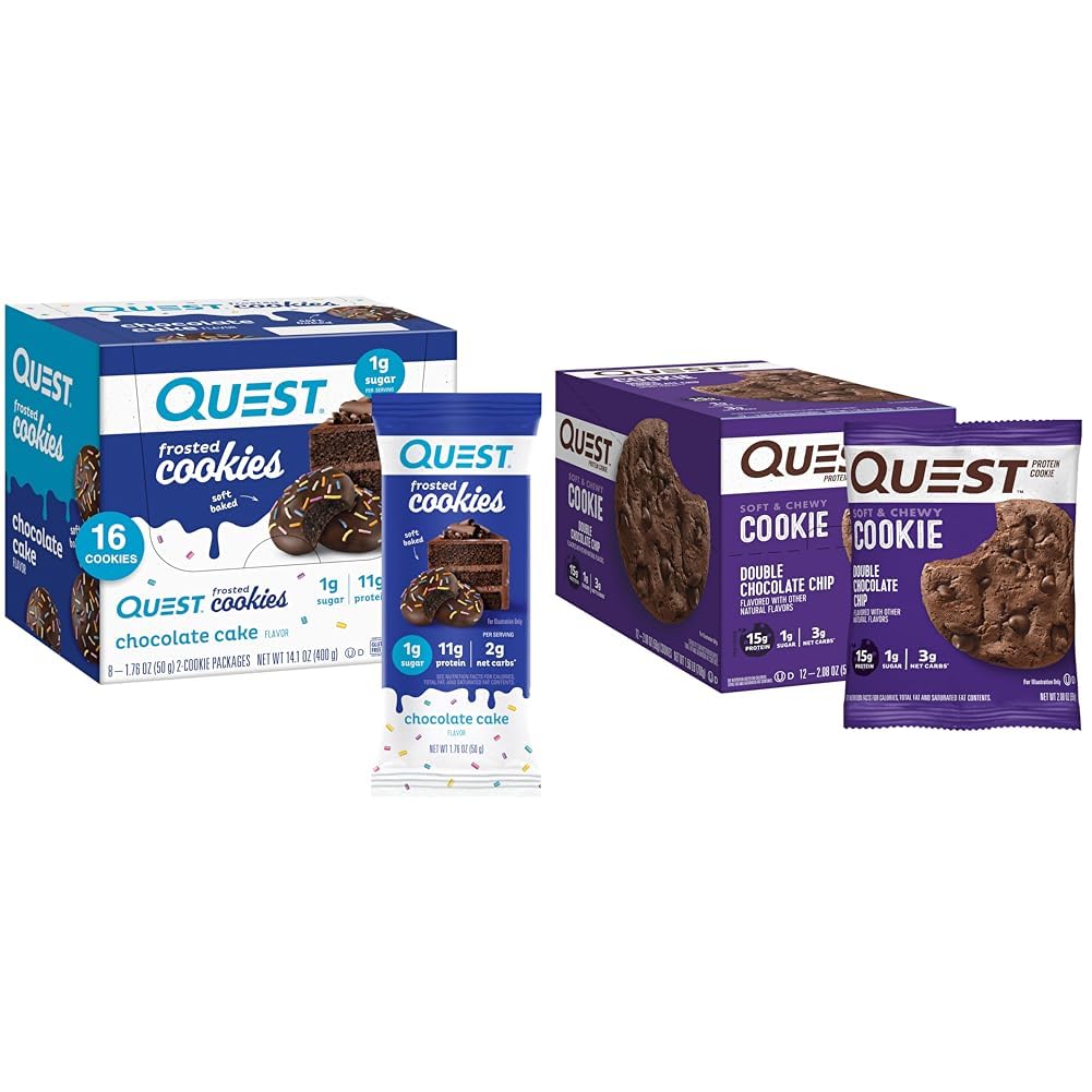 Quest NutritionFrosted Chocolate Cake Cookies Twin Pack, 16 Cookies and Double Chocolate Chip Protein Cookies, 12 Count
