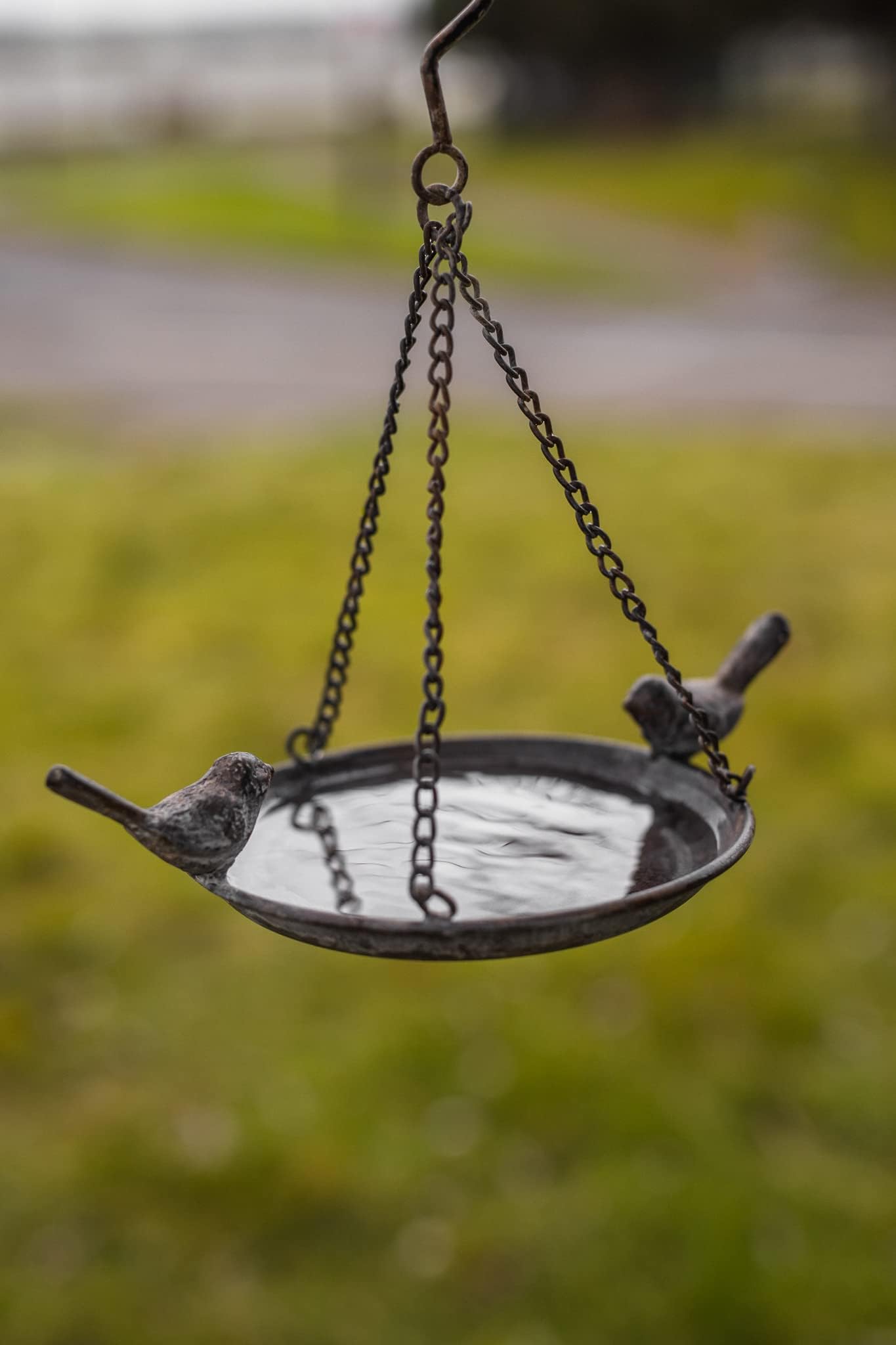 Garden Mileยฎ Vintage Metal Hanging Chain Bird Feeder for Wild Birds | Rustic Antique Distressed Metal Bird Bath Table with Hanging Hook | Hanging Garden Decorations (Antique Tray Feeder)