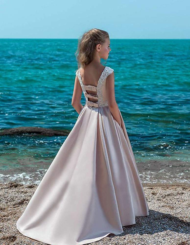 Satin-Blumenmädchenkleid für Strand, Hochzeit, Schärpen, Applikation, Erstkommunionskleider