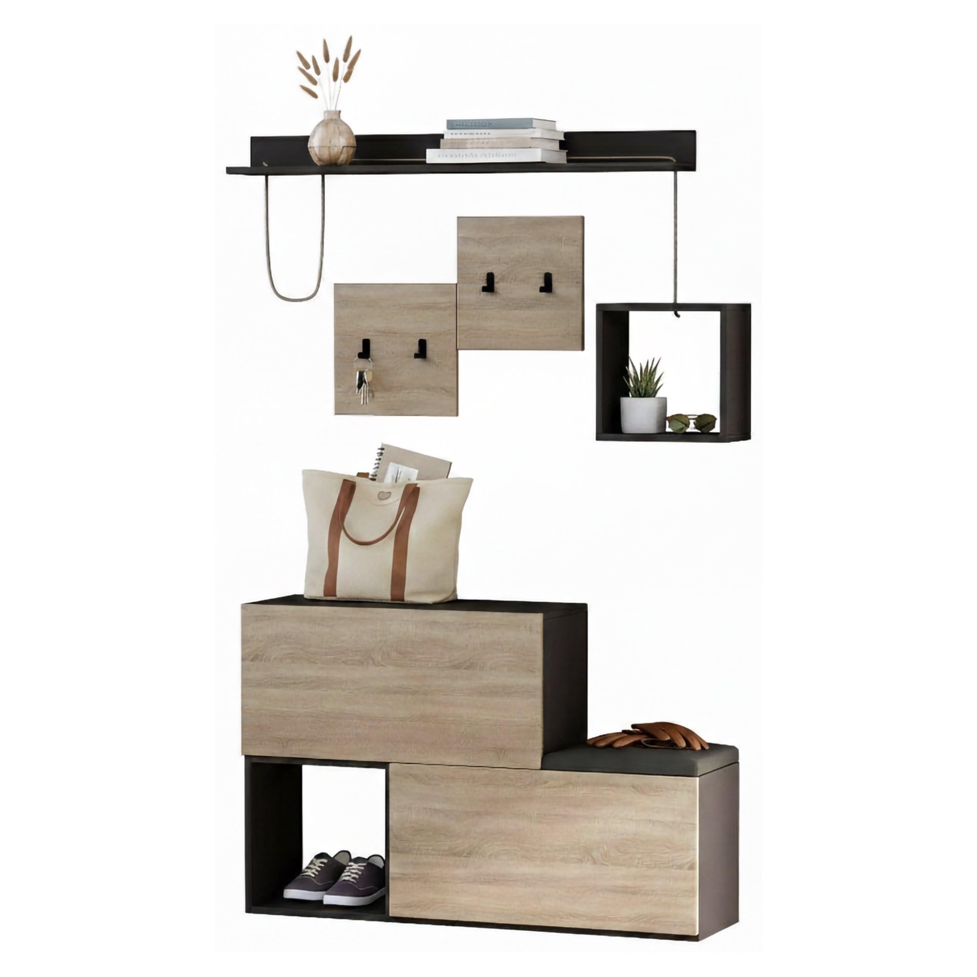 Dmora - Mobile da ingresso Caph, Entratina appendiabiti, Composizione per atrio, Consolle portaoggetti multifunzione, 120x17h76 cm, Antracite e Rovere