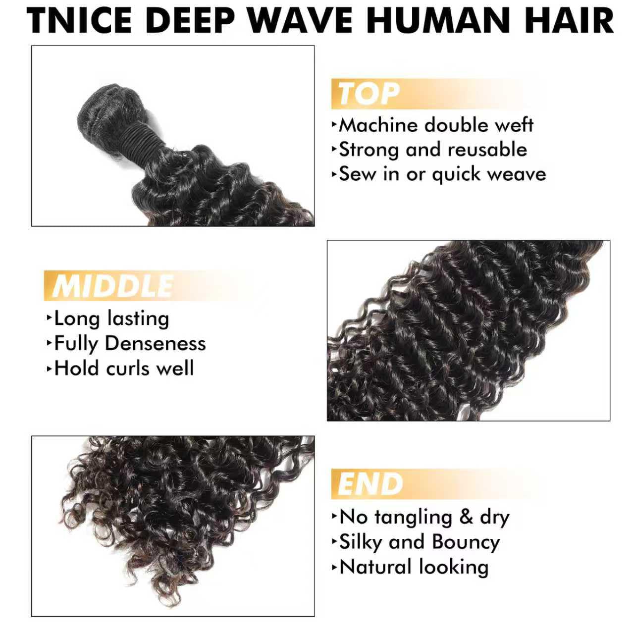 TNICE Deep Wave Human Hair Bundle Brazilian Virgin Curly Hair 18 20 22 Inch | Deep Wave Human Hair Bundles 3Bundles 100% Unprocessed Brazilian Virgin Wet and Wavy Weave Extensions for Women Natural Black