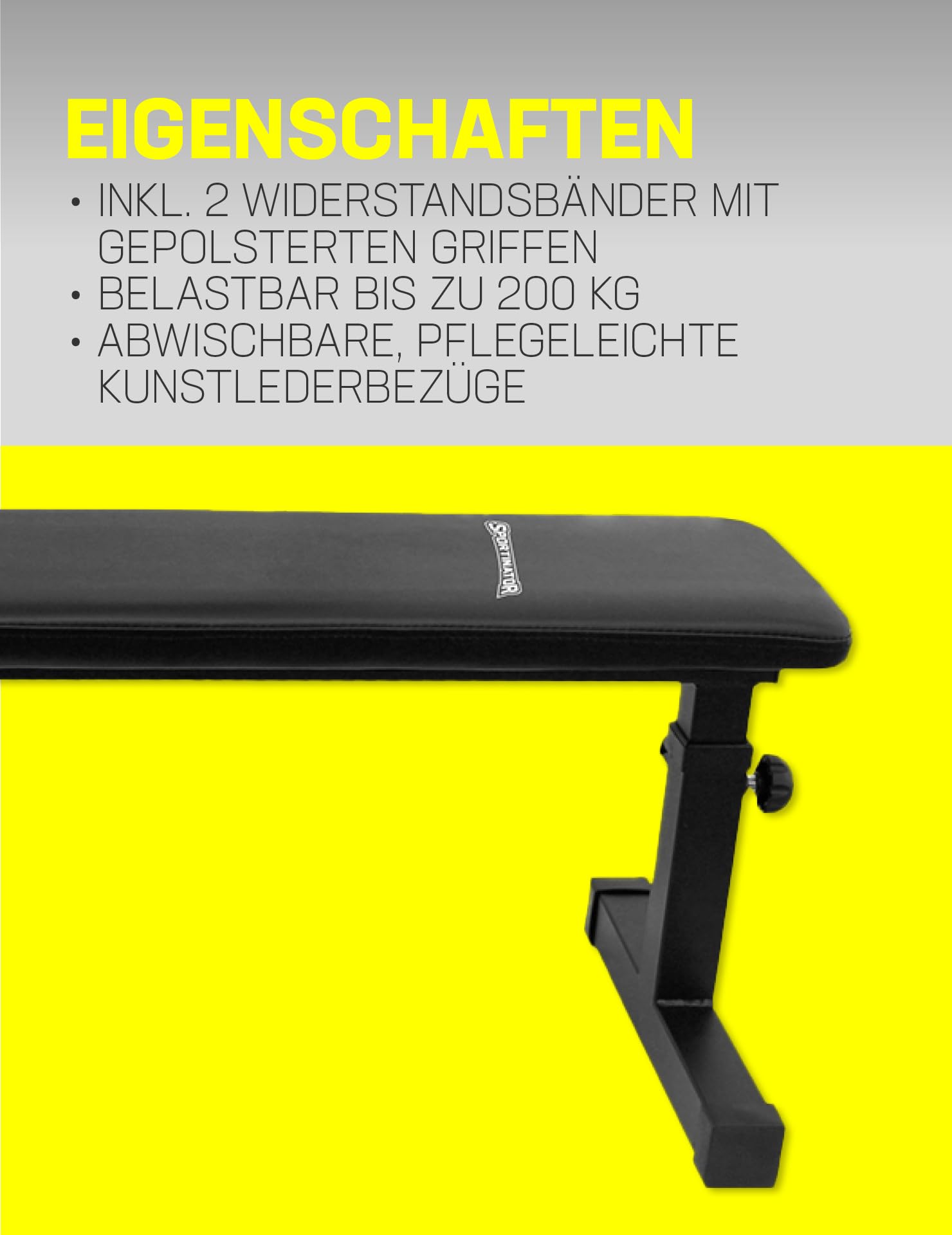 SPORTINATOR® Banc plat réglable en hauteur avec revêtement en cuir synthétique facile à nettoyer avec 3 supports et 2 bandes de résistance pour différents exercices de musculation à la maison