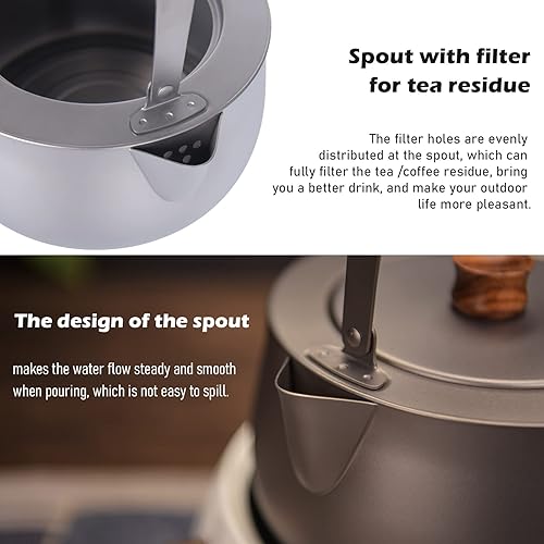 Miniatura 7 de iBasingo Tetera de titanio de 27.1 fl oz con mango plegable, ultraligera, portátil, tetera de metal, cafetera para jardín al aire libre, mochilero,