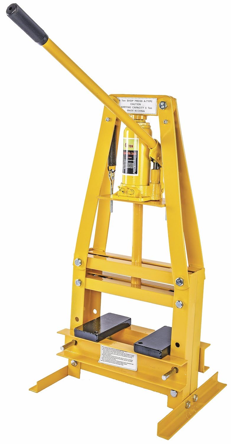 JEGS Hydraulic Shop Press | Steel With Yellow Finish | 6-Ton | Bench Top Mount | Up To 4 1/4-Inch Working Range | Includes 2 Press Plates | Lever-Action