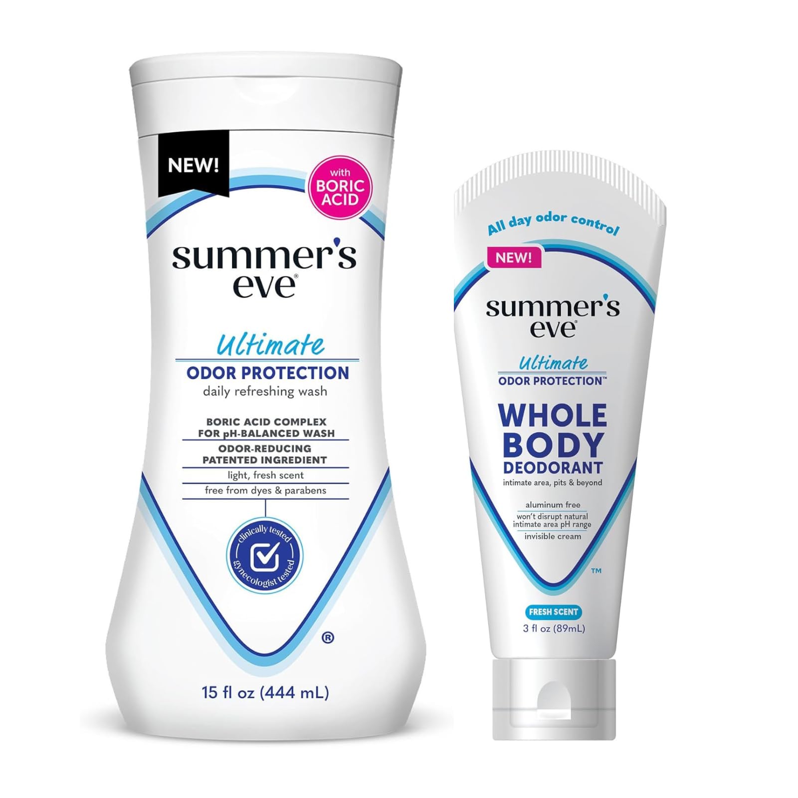 Whole Body Deodorant for Women, Ultimate Odor Control, Aluminum Free Deodorant, 3 Fl Oz + Feminine Body Wash with Boric Acid, Removes Odor, pH Balance, 15 Fl Oz