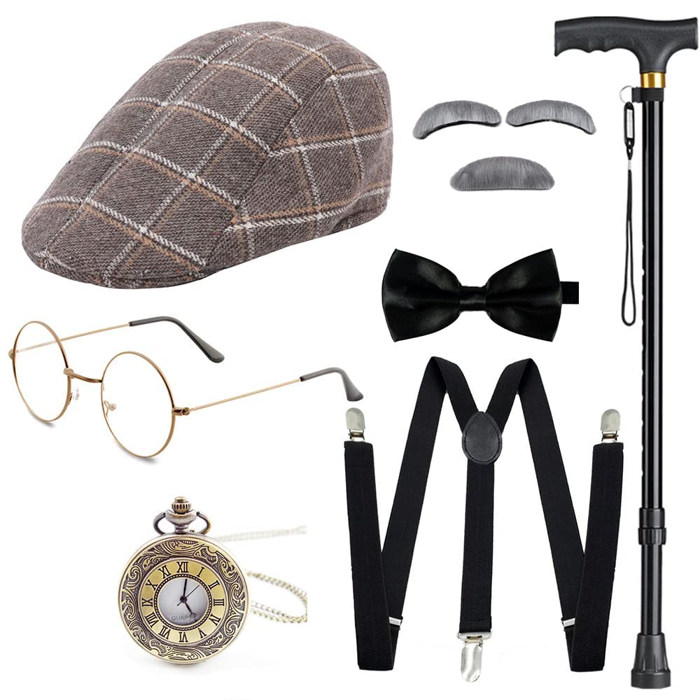 Gionforsy 1920s Men's Costume Accessories Set with Beret Hat Glasses Suspender Bow Tie Pocket Watch Stick Beard for Great Gatsby Themed Party Halloween Gangster Carnival (Coffee)
