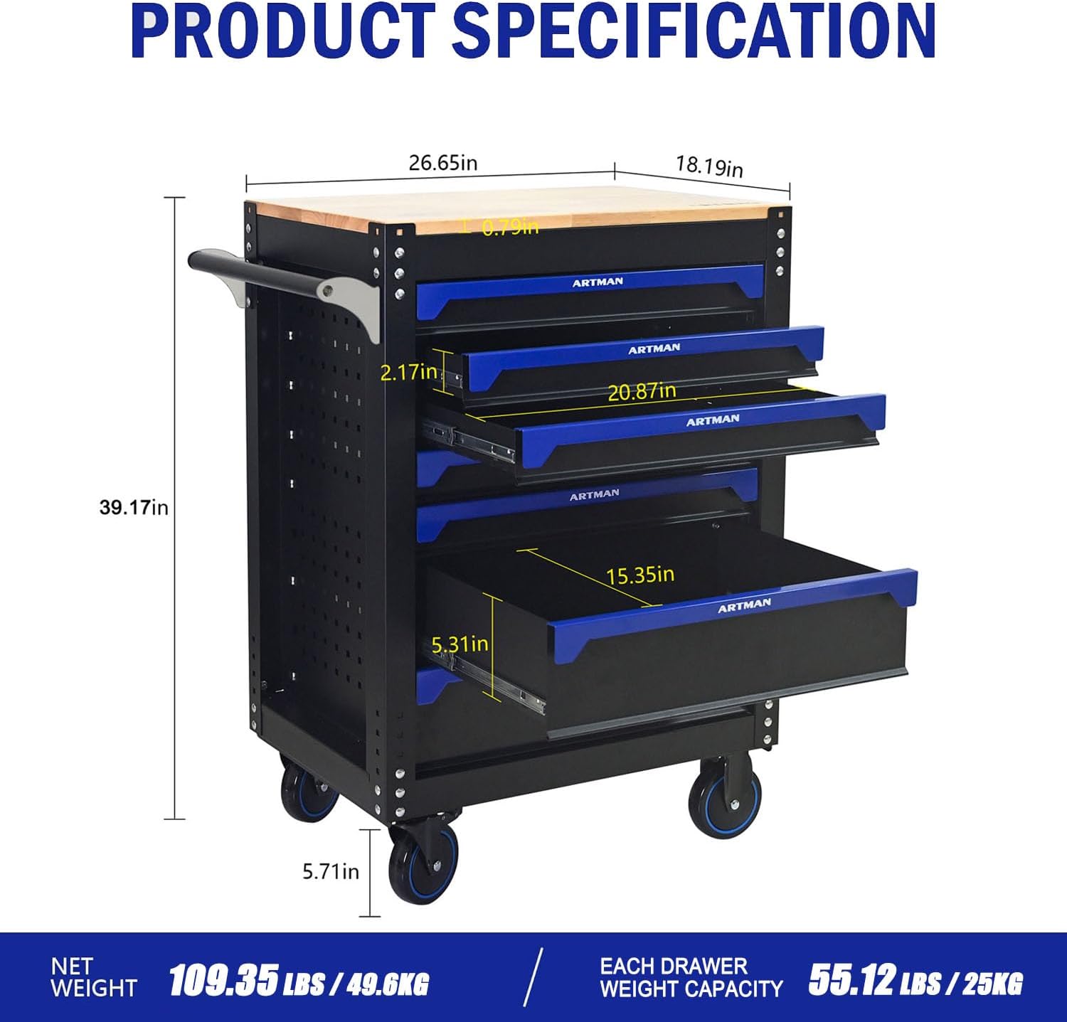30 inch 7-Drawer Rolling Tool Chest with Wheels, Wood Countertop Heavy Duty Tool Cart, Locking System, Rolling Cabinet for Garage Warehouses, Repair Shops - Requires Assembly (Black&Blue)