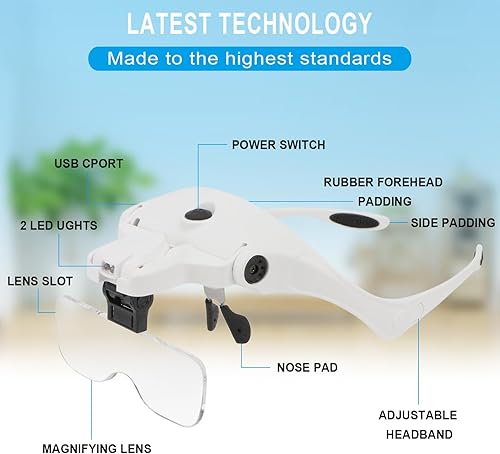 Miniatura 3 de Rongon Lupa para diadema con carga USB, lentes de aumento manos libres con luz LED para joyería, manualidades, reparación de relojes, pasatiempos, 5