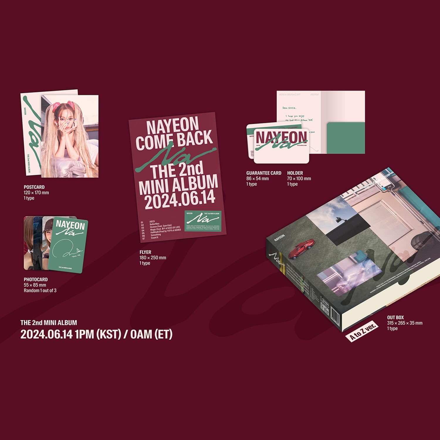 NAYEON - 2nd Mini album [NA] A to Z Ver.) Tarpaulin bag + Newspaper R + Envelope + Postcard + Guarantee Card + Holder + Flyer + Photocard + Out Box + 2 Extra Photocards