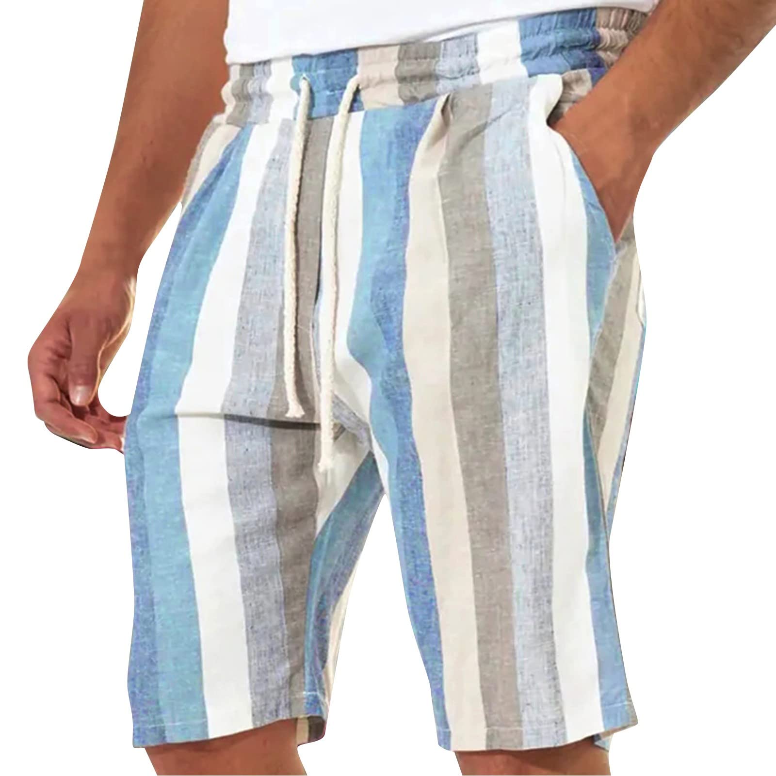 Pantaloncini da uomo in lino a righe sotto il ginocchio, lunghezza a 3/4, pantaloncini lunghi Capri elasticizzati in vita con coulisse, comodi bermuda da passeggio, leggeri, estivi, da spiaggia, yoga