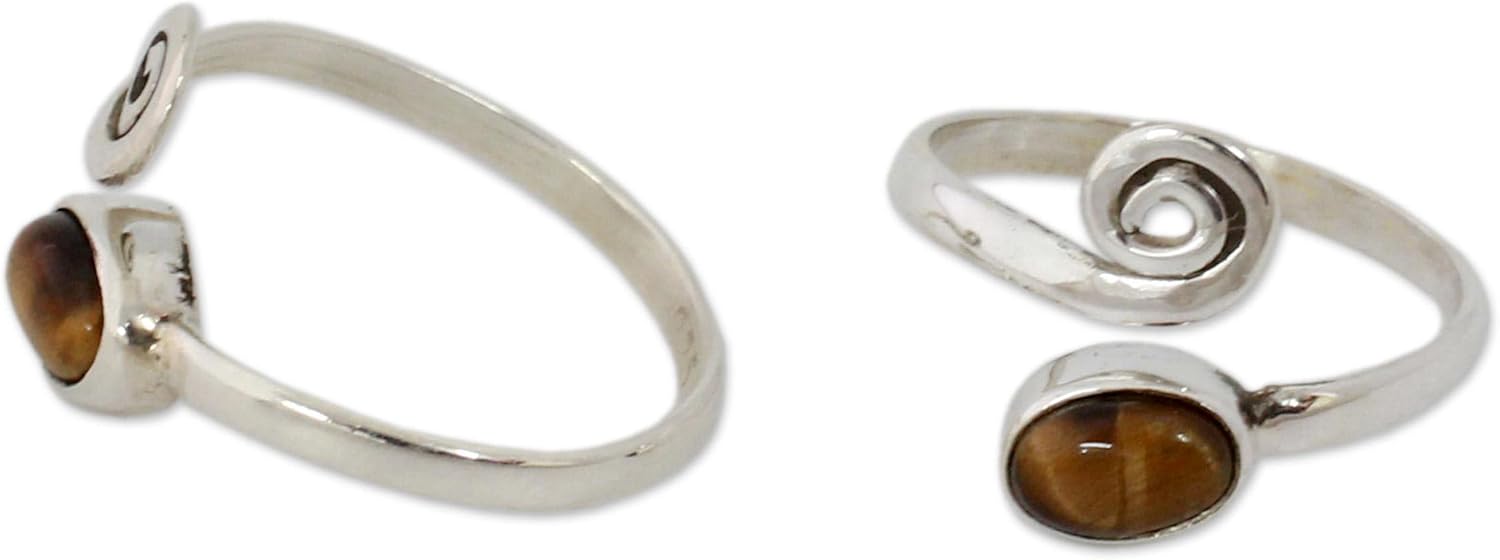 NOVICA Artisan Handmade Tigers Eye Toe Rings Sterling Silver from India Pair Brown Iced Coffee Modern Bohemian [0.4 in L x 0.2 in W x 0.1 in D] ' Insight' Pair