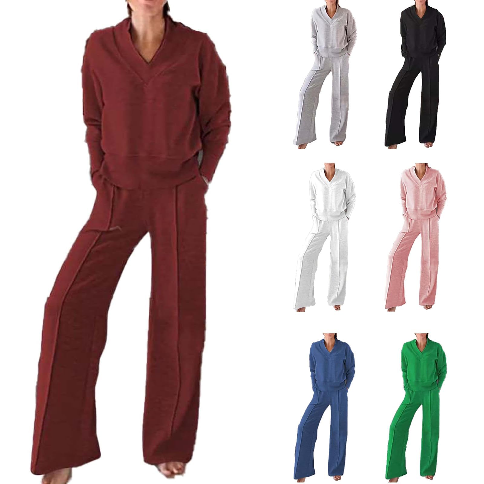 Conjunto de Dos Piezas de Top y pantalón con Escote en V de Color Liso para Mujer, Conjuntos Casuales de Mujer con Pantalones Largos de Pierna Ancha, Conjunto de salón de otoño (XXL,Claret)