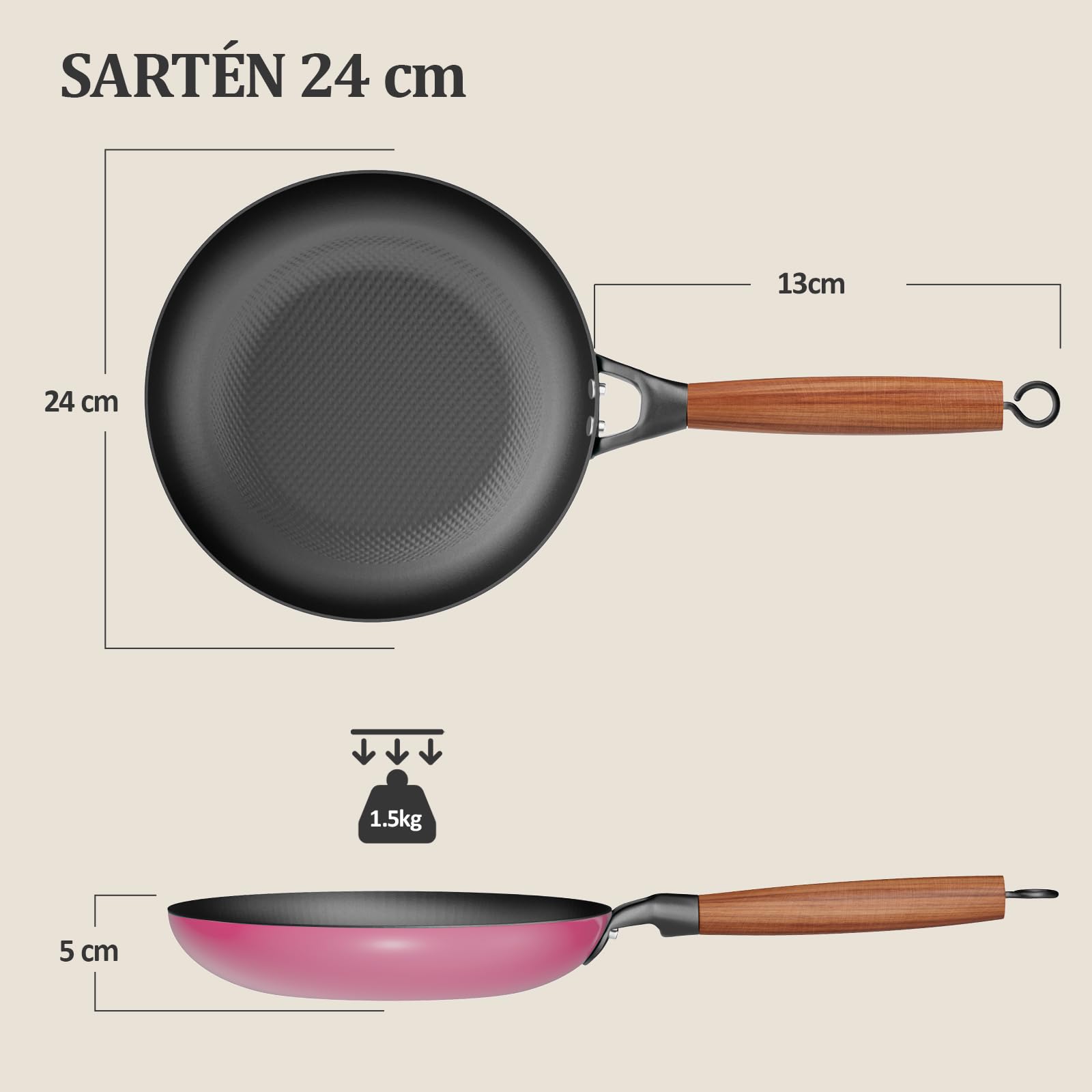 YUTANN Sartén de Hierro Fundido 24 cm Pre-sazonada Apta para Inducción y Horno, Antiadherente, Distribución Uniforme del Calor para Freír, Asar y Cocinar