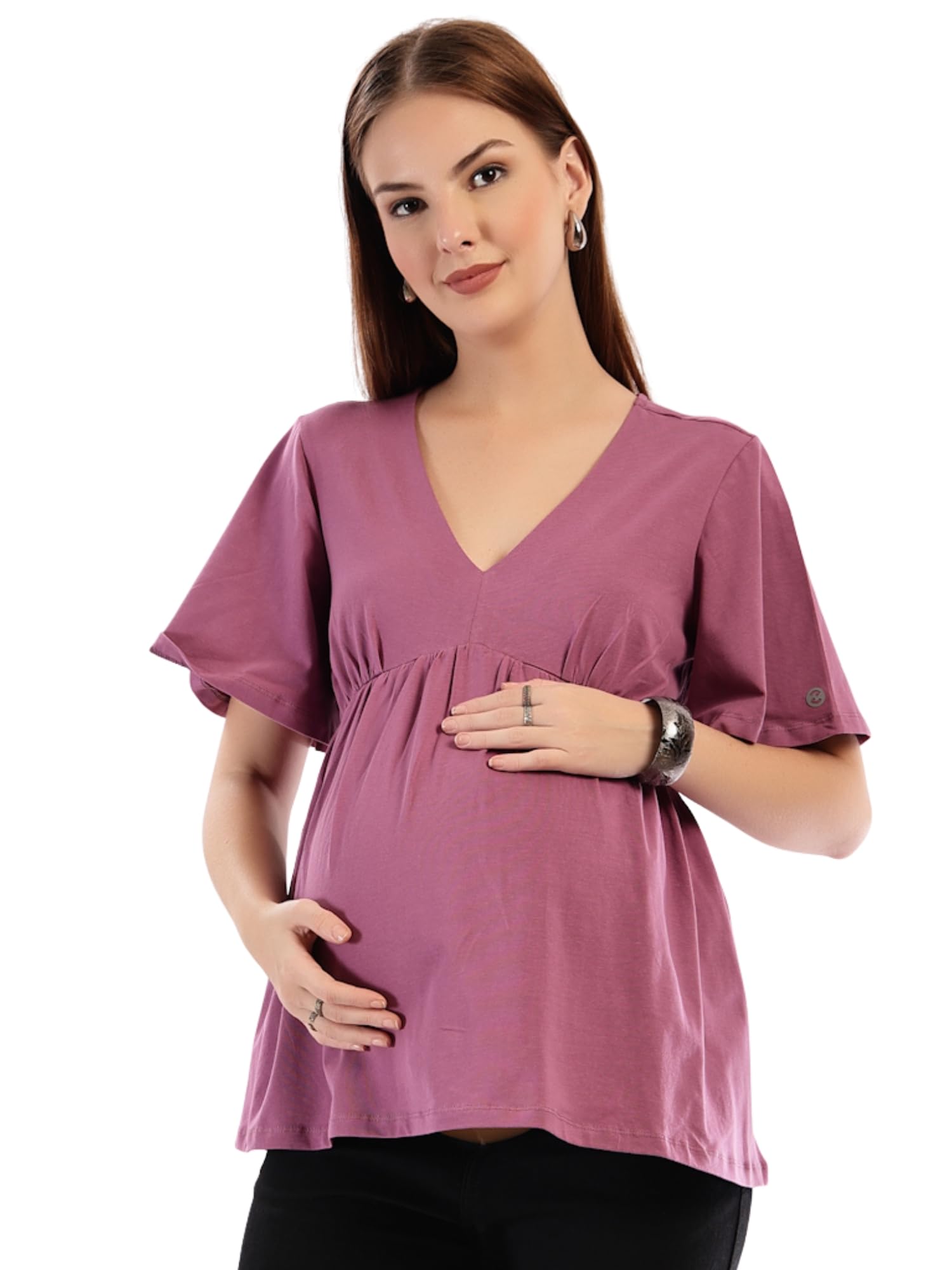 Cotton Stretch Maternity & Nursing Top | V-Neck Empire Waist with Concealed Feeding Zips | Pregnancy & Postpartum Friendly-image-25