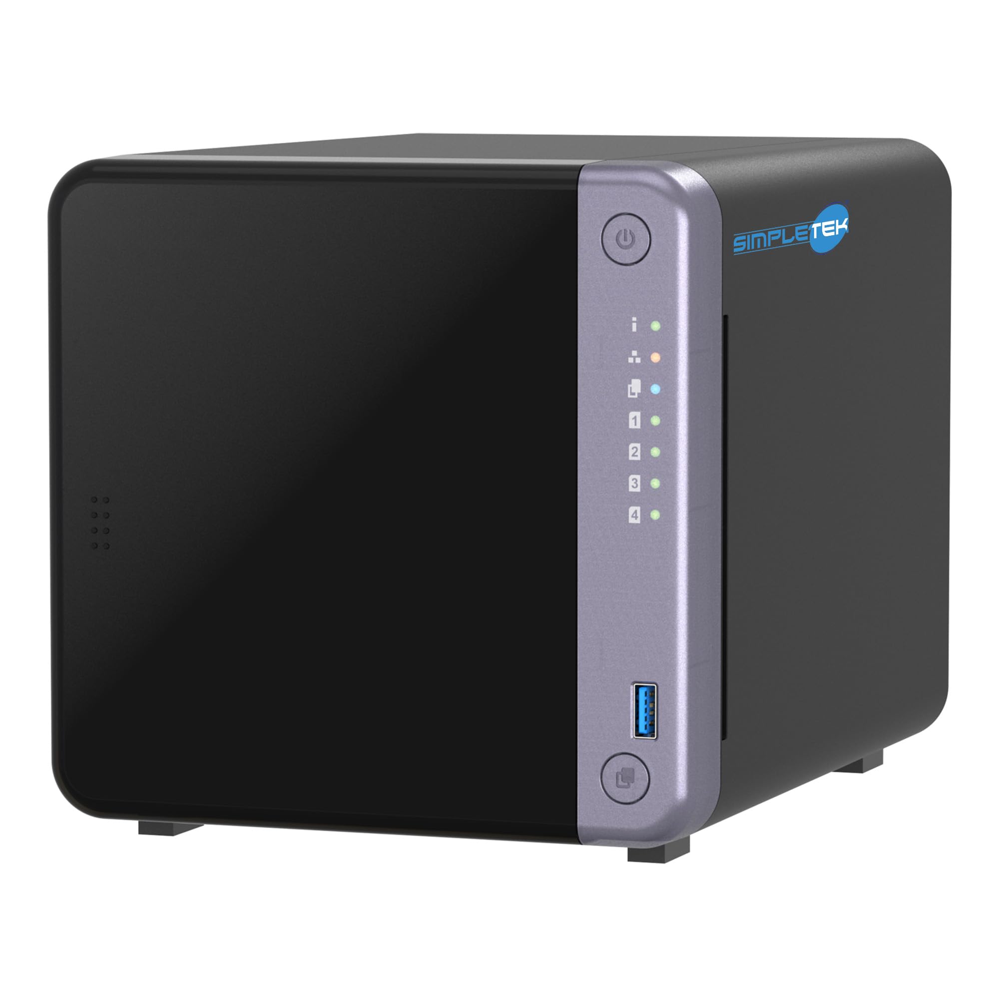 SIMPLETEK - Profesjonalny 4-komorowy serwer NAS - 10 GbE SFP+ i 2,5 GbE - 4 GB RAM (maks. 16 GB) - w zestawie 4 x 240 GB SSD - 2 gniazda M.2 NVMe - podwójny port 2,5 GbE