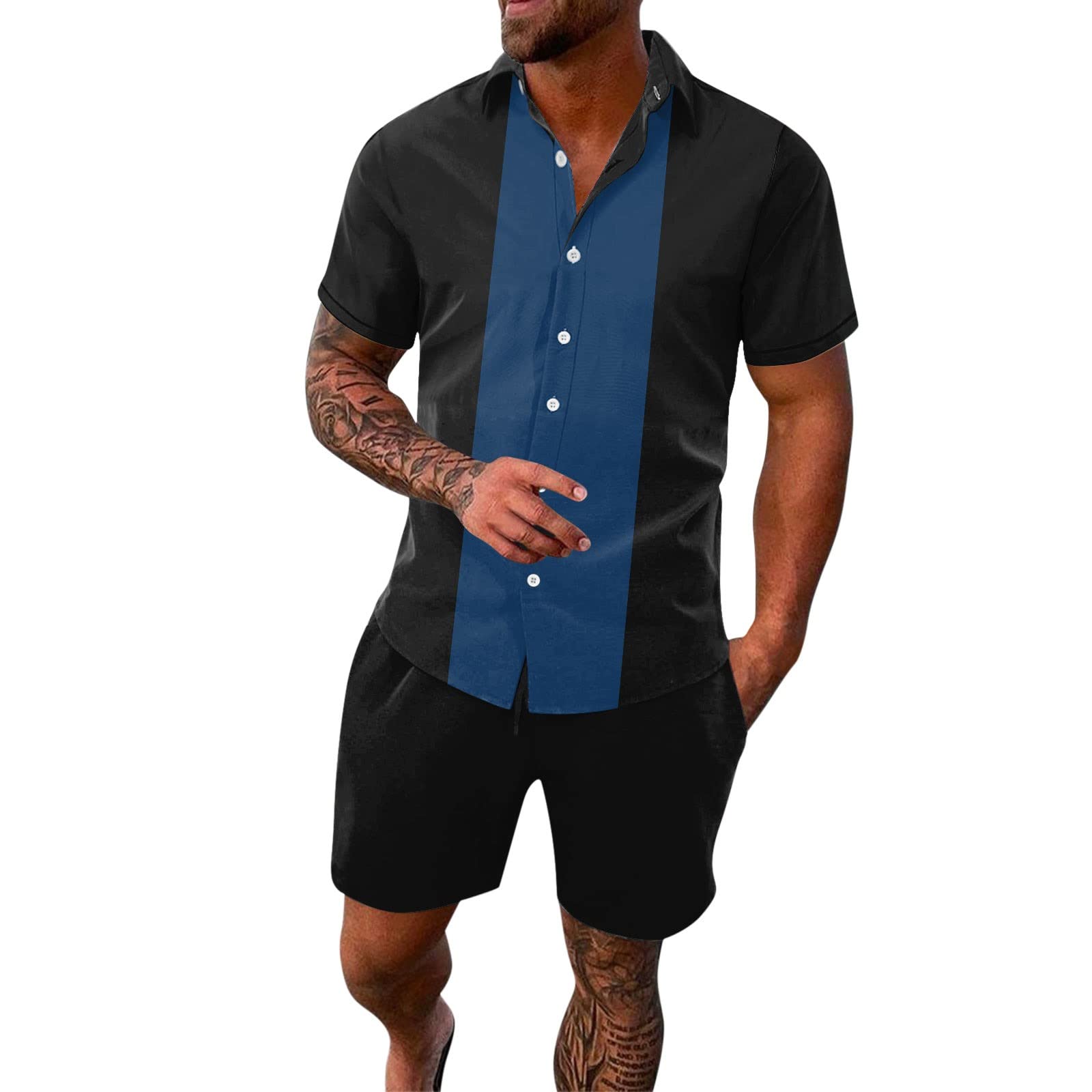 Cuwtheugwg Ropa Hombre De Vestir Trajes Conjunto de dos piezas de pantalones y camisa de manga corta con estampado de rayas y costuras estilo playa hawaiana para deportes de ocio de Abrigos Hombre Traje