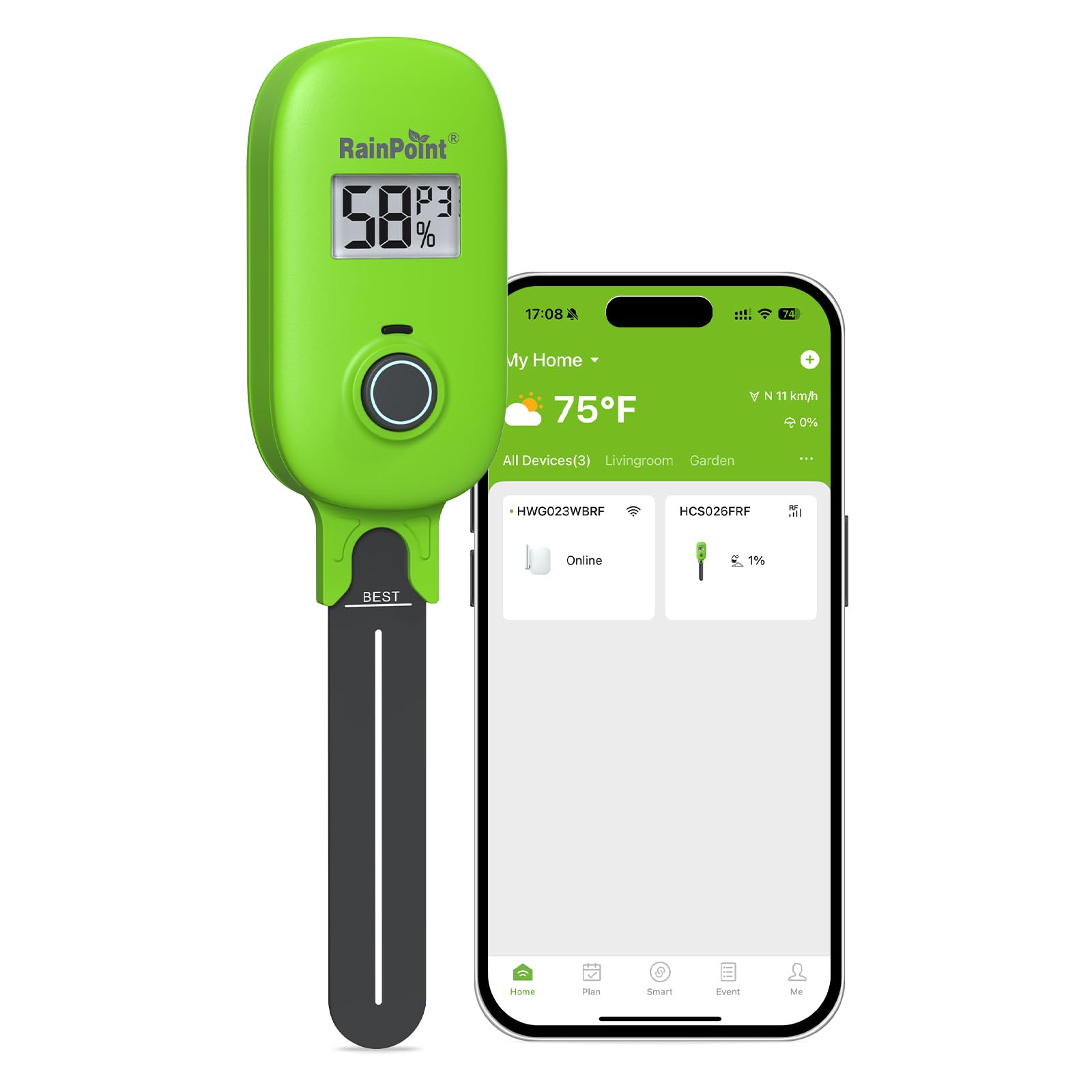 RAINPOINT Smart Soil Moisture Meter for Plants, Soil Hygrometer Sensor, Real-time Monitor Humidity Tester for Gardening, Farming, Indoor and Outdoor Plants Care, HWG023/HWG040 WiFi Hub Needed (Green)-image-46