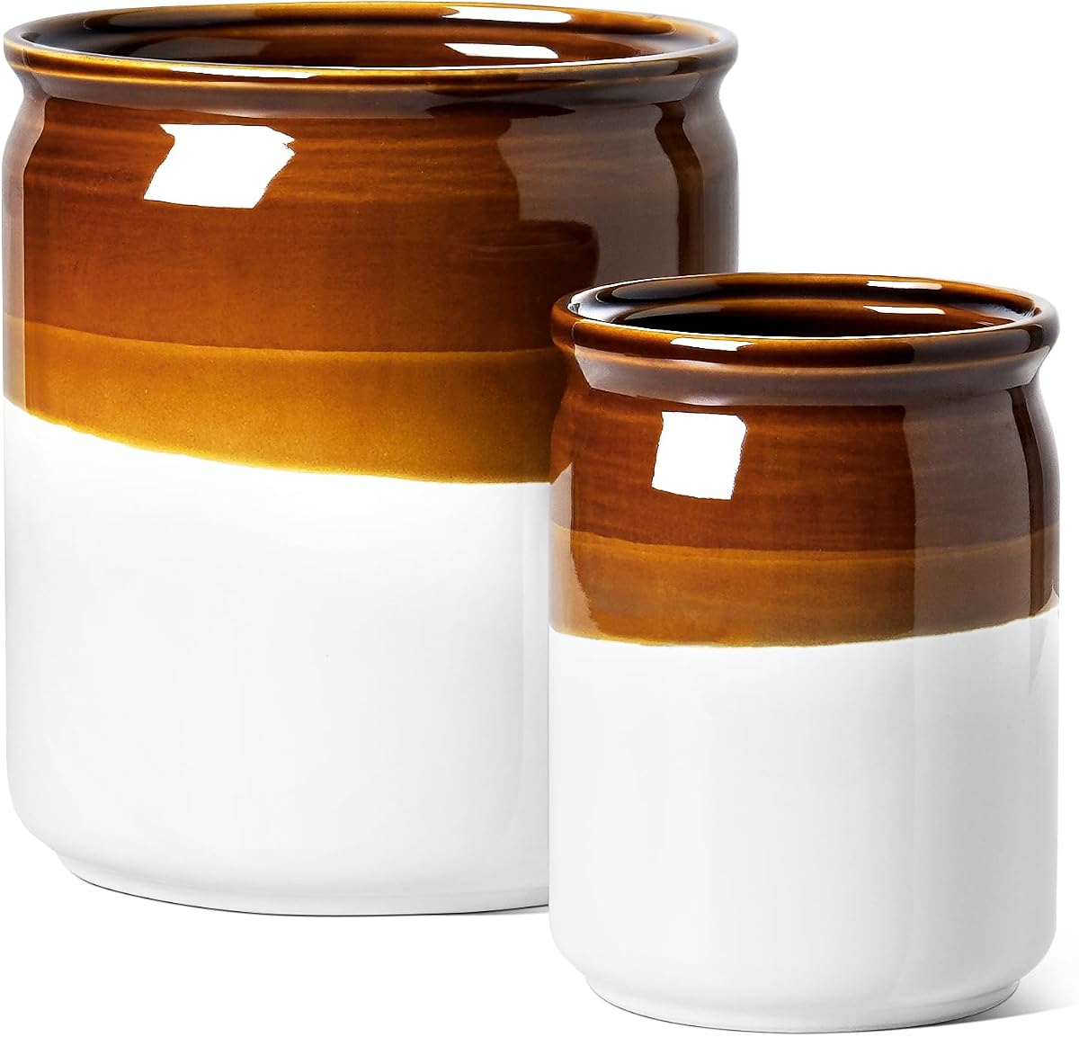 LE TAUCI Soporte para utensilios de cocina para encimera, juego de 2 vasijas de cerámica para utensilios, soporte marrón rústico para espátulas, cucharas y cucharones, decoración grande para mostrador de cocina de granja, marrón y blanco, 7,2" y 5,4"