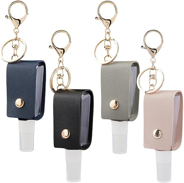 4 Colors Travel Bottle Keychain PU Leather Hand Sanitizer Holder Keyring 30ml Portable Small Refillable Hand Sanitizer Container Key Ring Key Chain Travel Size for Toiletry Lotion Liquid