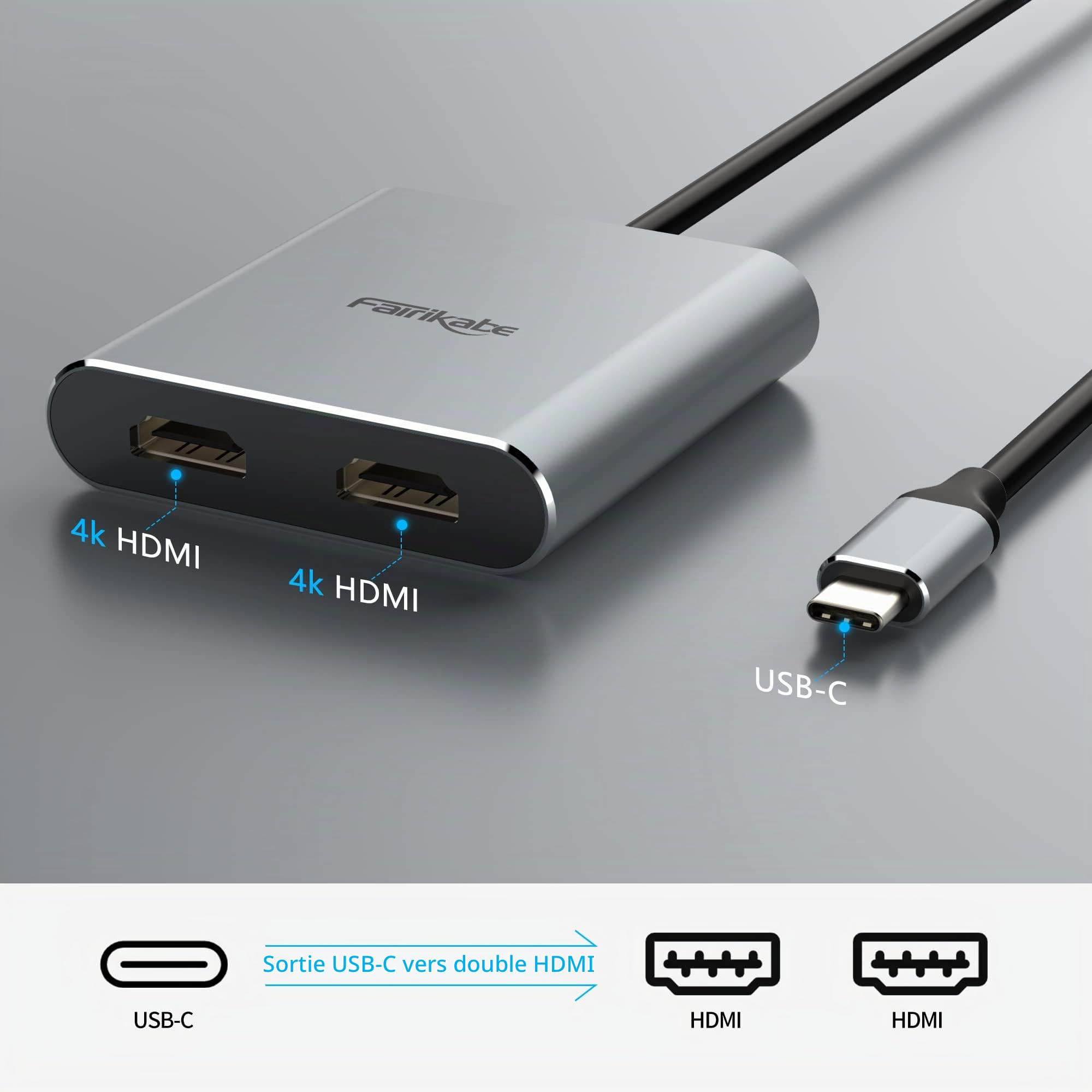 Fairikabe Adaptateur USB C vers Double HDMI 4K 60 Hz, USB C Splitter 2 moniteurs Affichage étendu, concentrateur HDMI de Type C (Mode DP Alt requis) Compatible avec Thunderbolt 3