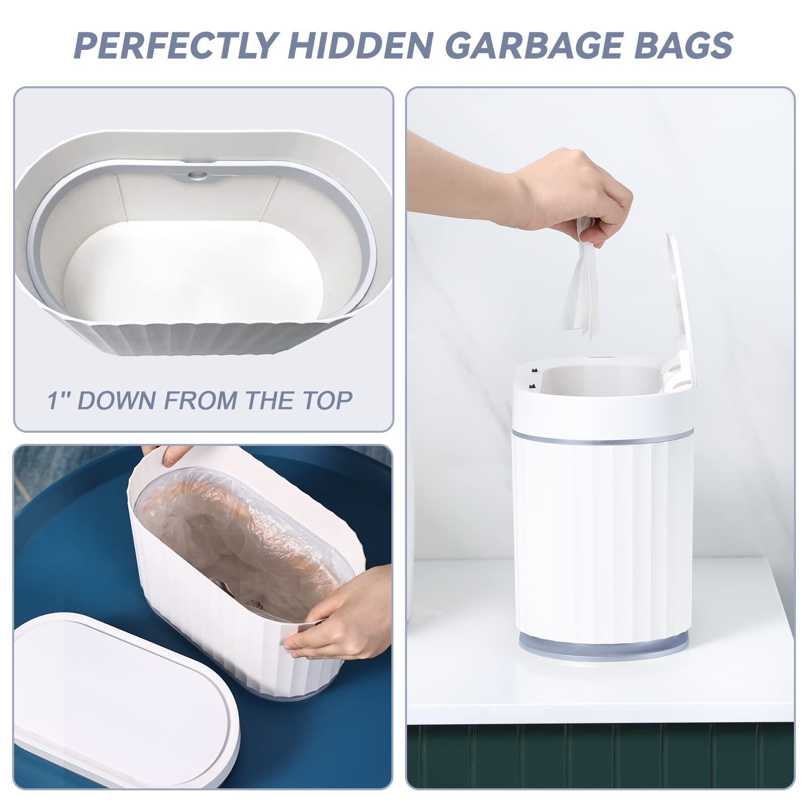 Mini Trash Can with Lid- ELPHECO Small Desktop Trash Can with Lid, Slim Automatic Garbage Can, 1.3 Gallon Motion Sensor Countertop Waste Basket for Bedroom, Office, Bathroom, White with Grey Trim