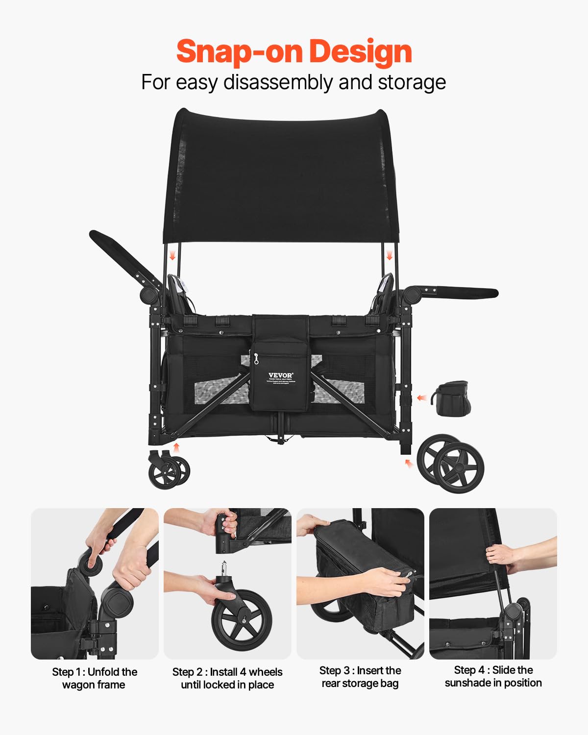VEVOR Passeggino a Quattro Posti per 4 Bambini, Pieghevole con Maniglia Regolabile, Imbracatura di Sicurezza Tettuccio Rimovibile, Passeggino Bambini Comodo Resistente, Nero, Carico 150 kg