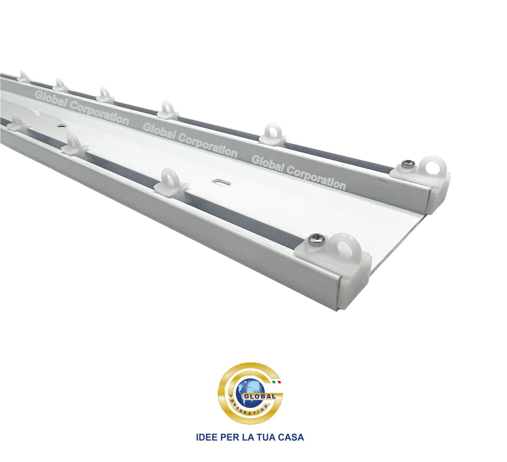 GLOBALCORPORATION Binario per tende a soffitto doppio in alluminio bianco con scorrevoli da interno sopratende arricciate a 2 canali bastone per tenda su misura moderni scorrimento (240 centimetri)