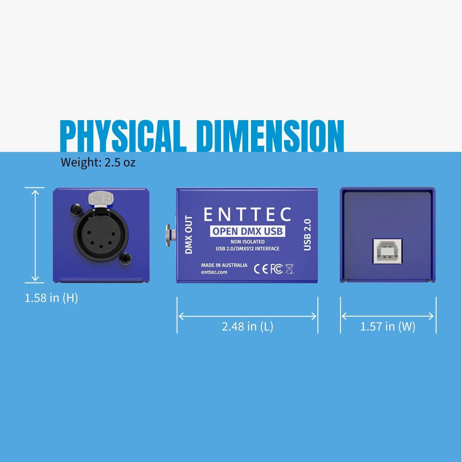 Enttec Open DMX USB 70303 - Controller widget per interfaccia di illuminazione (open source/hardware), con adattatore SIRS-E da 5 pin a XLR a 3 pin, con panno SIRS-E per la pulizia