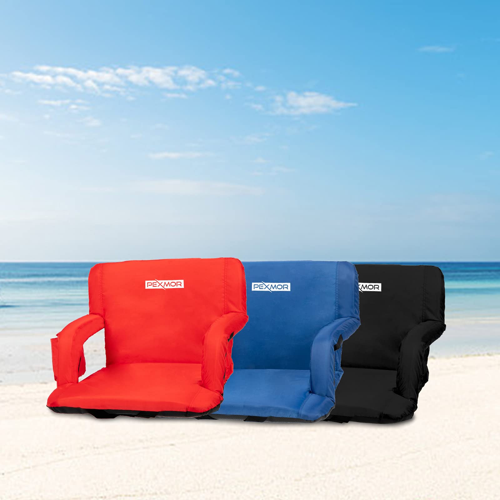 PEXMOR Extra Wide 25'' Stadium Seats for Bleachers with Back Support & Carrying Bag, Reclining Chair with Two Pockets for Drinks, Portable Padded Shoulder Straps, Armrests, Waterproof Anti-Slip Bottom