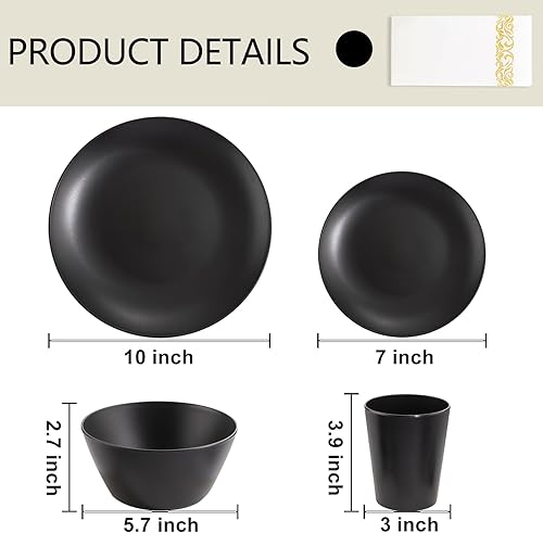 Miniatura 2 de Supernal Juego de vajilla de plástico negro de 32 piezas con 25 servilletas de lino dorado, platos y cuencos para 8 personas, apto para microondas y